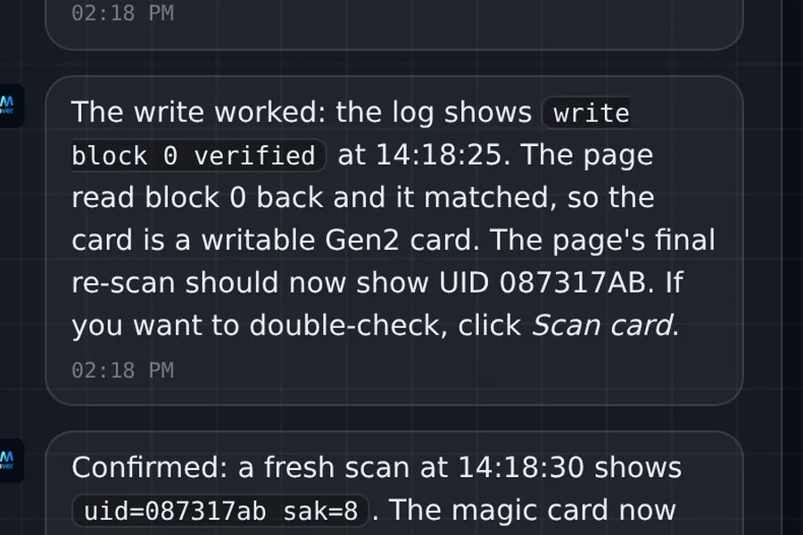 EMWaver SI on the board confirming a magic card's UID was written and verified